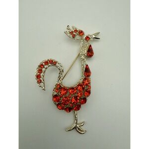 Roadrunner Bird Brooch Goldtone & Red Rhinestones
